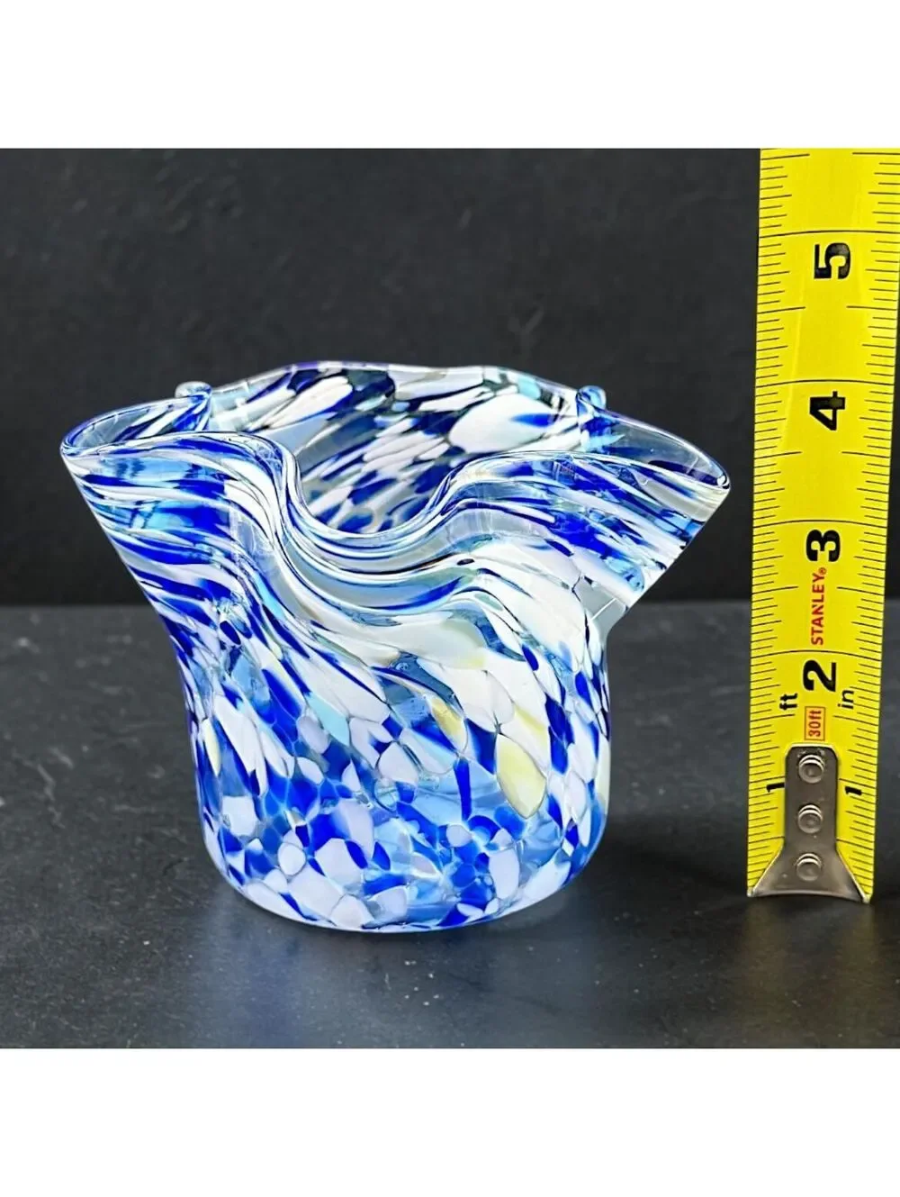 Vintage Signed Hand Blown Confetti Ruffled Art Glass Bowl Handkerchief Vase 4